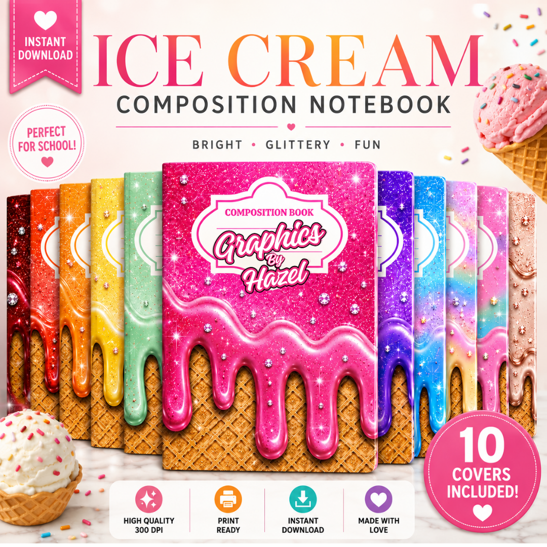 Ice Cream Composition Notebook Cover Bundle | 10 Cute Glitter Designs | Instant Download