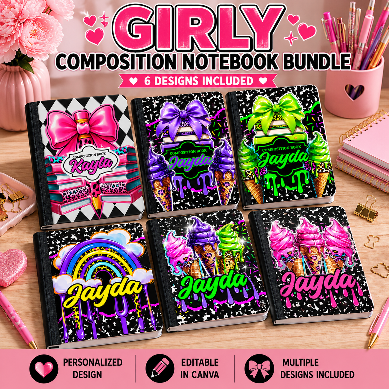 Girly Composition Notebook Bundle
