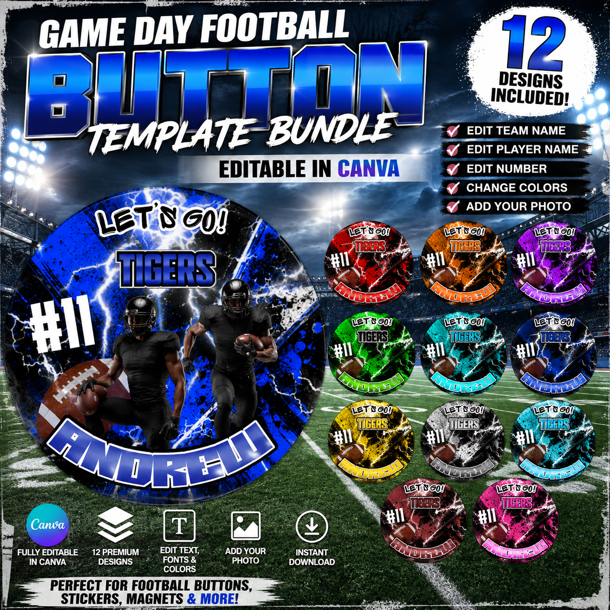 Game Day Football Button Template Bundle