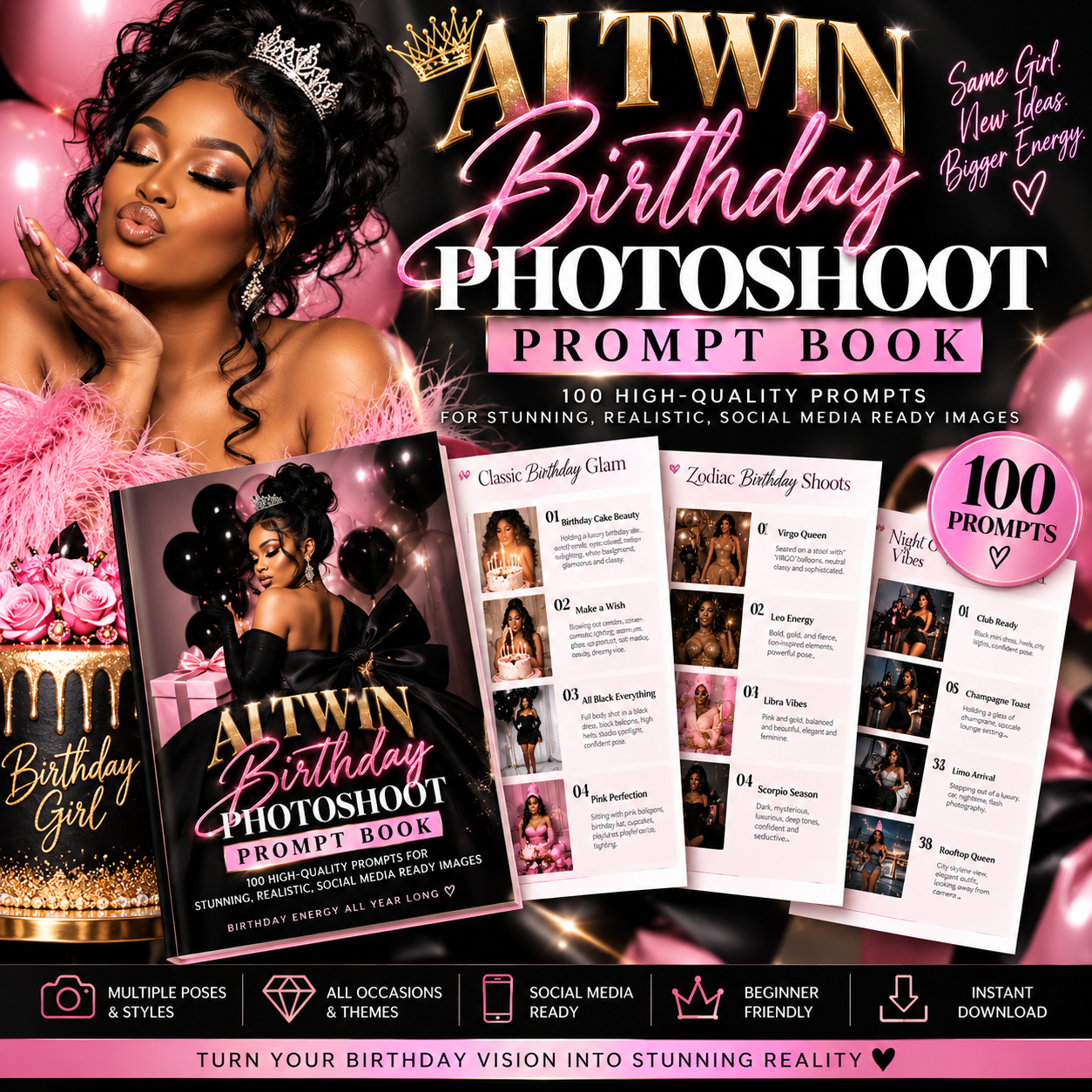 AI Twin Birthday Photoshoot Prompt Book — 100 Prompts