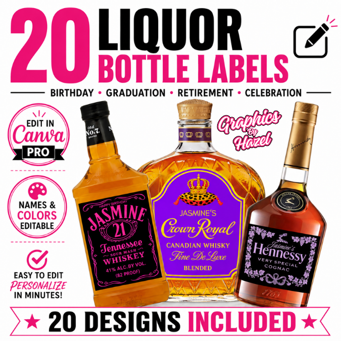 20 Editable Liquor Bottle Labels | Canva Pro Template Bundle
