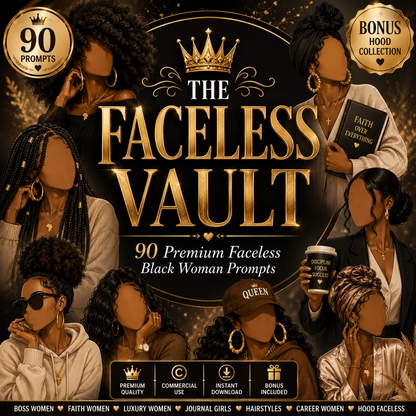 THE FACELESS VAULT 75 Premium Faceless Black Woman Prompts with 25 bonus prompts