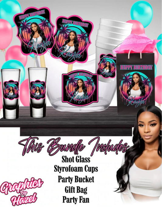 Tropical Birthday Party Bundle Canva Template Shot Glass, Cups, Gift Bag & Party Fans