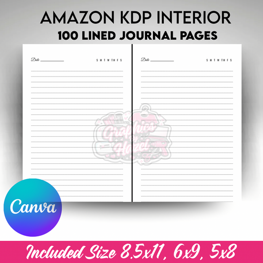 KDP Interior, 100 Lined Journal Pages, Canva Editable, Ready To Upload, Low Content Book, 3 Sizes 8.5x11, 6x9, 5x8
