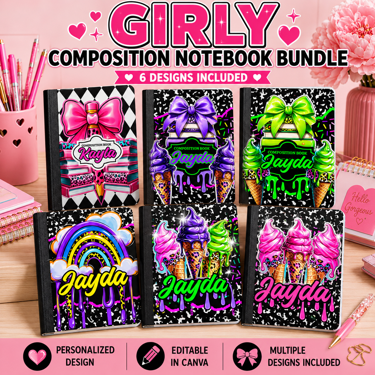 Girly Composition Notebook Bundle