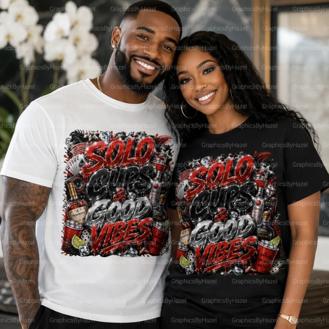 SOLO CUPS & GOOD VIBES PNG | Luxury Party T-Shirt Design | DTF Ready Digital Download