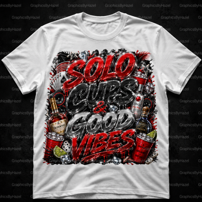 SOLO CUPS & GOOD VIBES PNG | Luxury Party T-Shirt Design | DTF Ready Digital Download