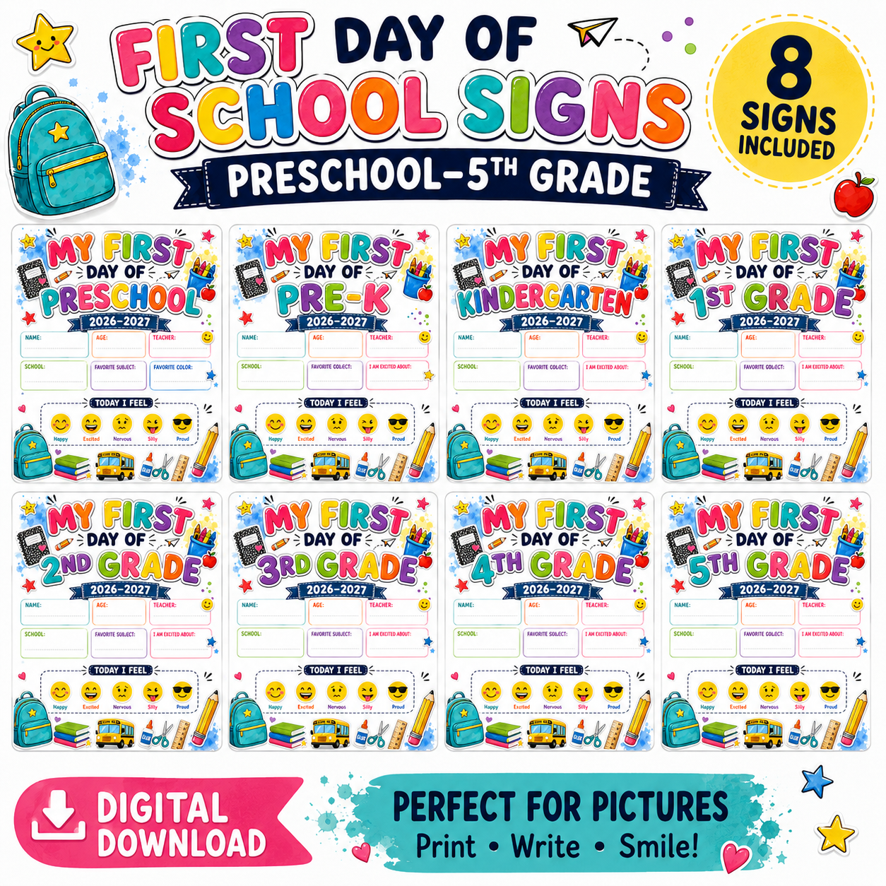 First Day of School Signs Bundle Preschool–5th Grade Instant Digital Download