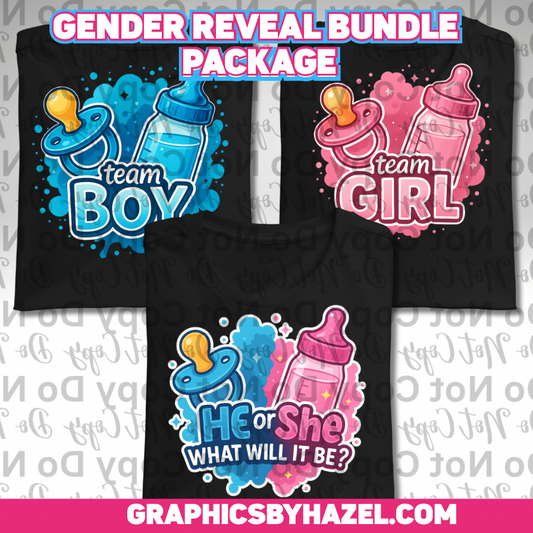 Gender Reveal Shirt Bundle – Team Boy, Team Girl, & He or She Designs – Perfect for Baby Showers & Parties